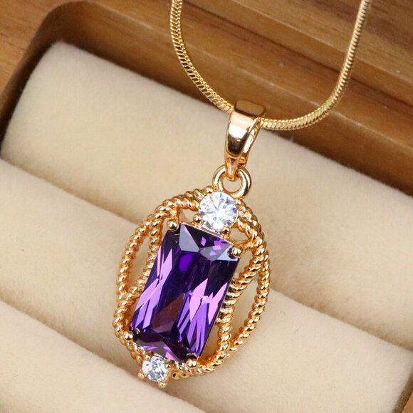 "Purple Rectangle Pendant with Gold Plated Frame and Crystal Accents, XPPT1683 - Picture 1 of 13
